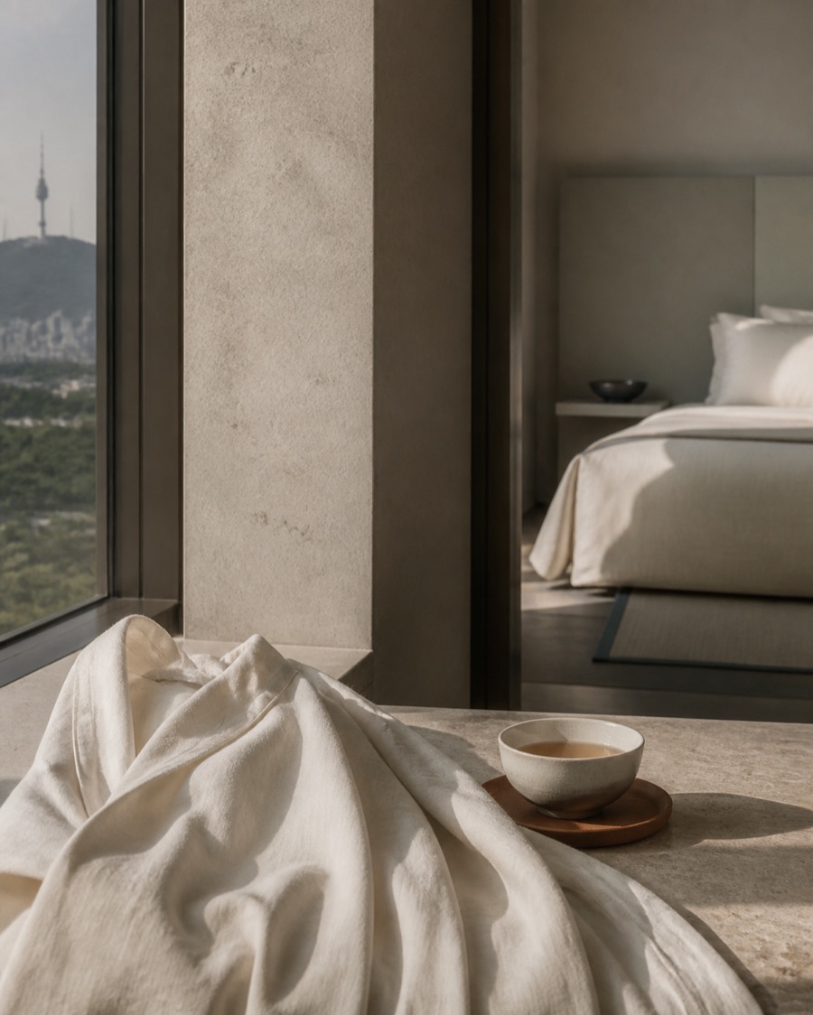 A quiet recovery space in Seoul with linen and tea